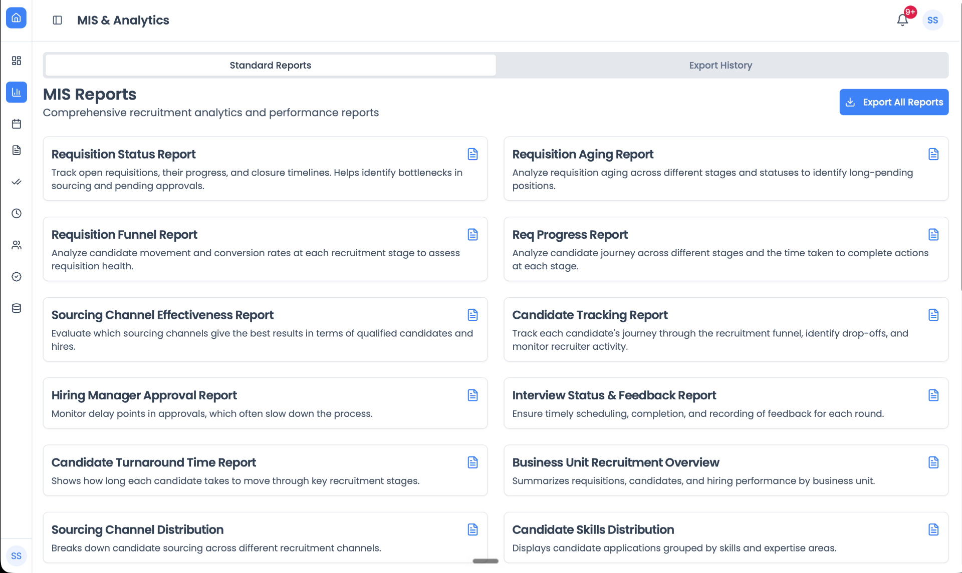 hyrt.ai report library showing recruitment and hiring workflow reports.